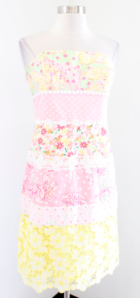 Vtg Lilly Pulitzer Patchwork Lace Floral Dress Size 6 Pink Yellow Polka Dot