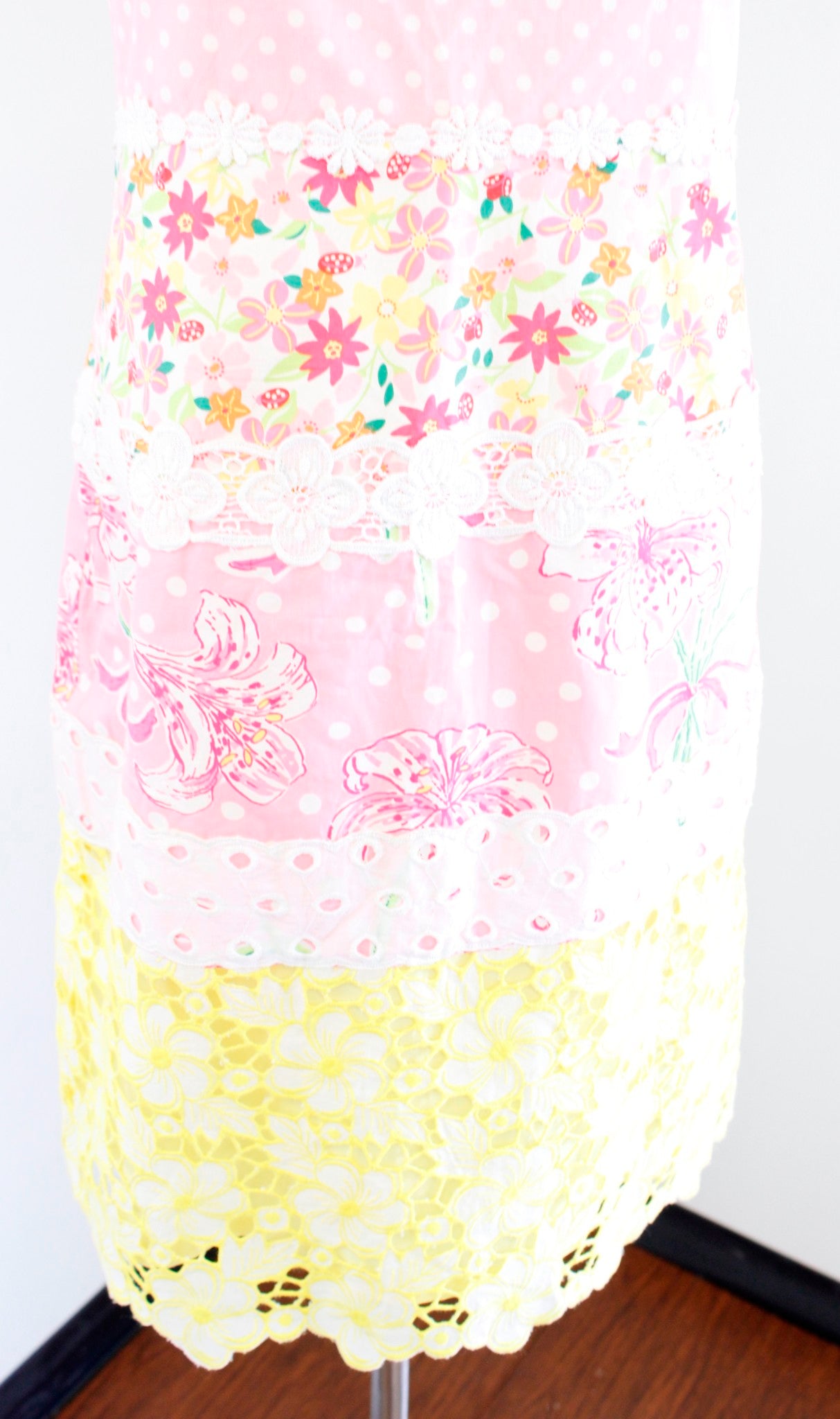 Vtg Lilly Pulitzer Patchwork Lace Floral Dress Size 6 Pink Yellow Polka Dot