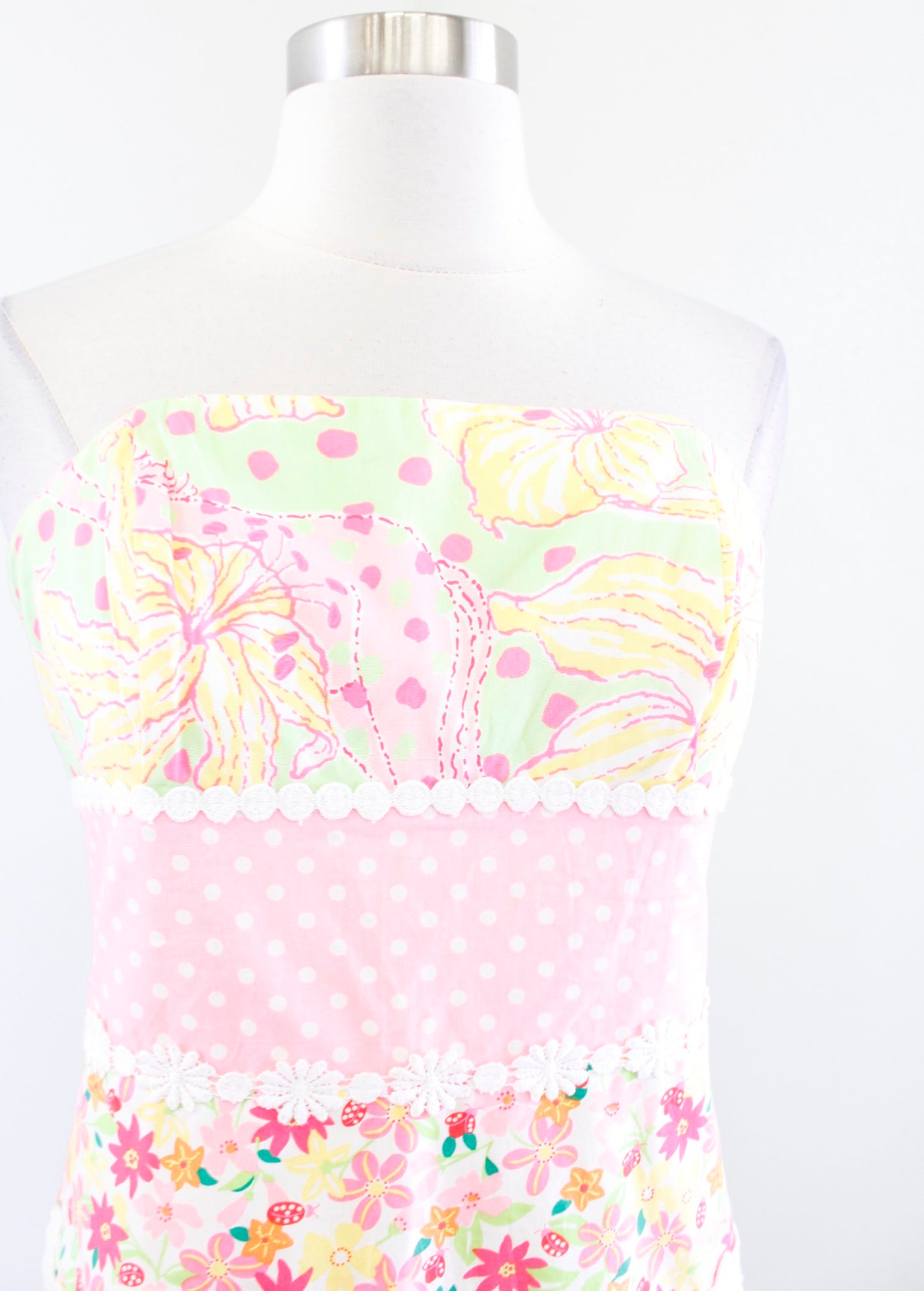 Vtg Lilly Pulitzer Patchwork Lace Floral Dress Size 6 Pink Yellow Polka Dot