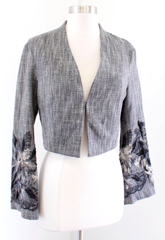 Frank Lyman Gray Cropped Flare Sleeve Applique Embroidered Jacket Sz 4 Abstract