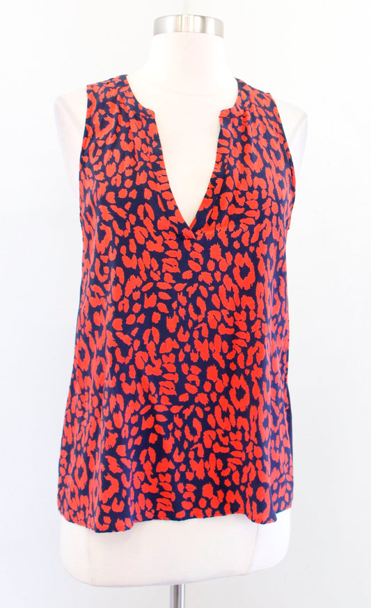 Joie Corette Navy Bue Red Leopard Print Sheer Back Silk Tank Top Blouse Size S