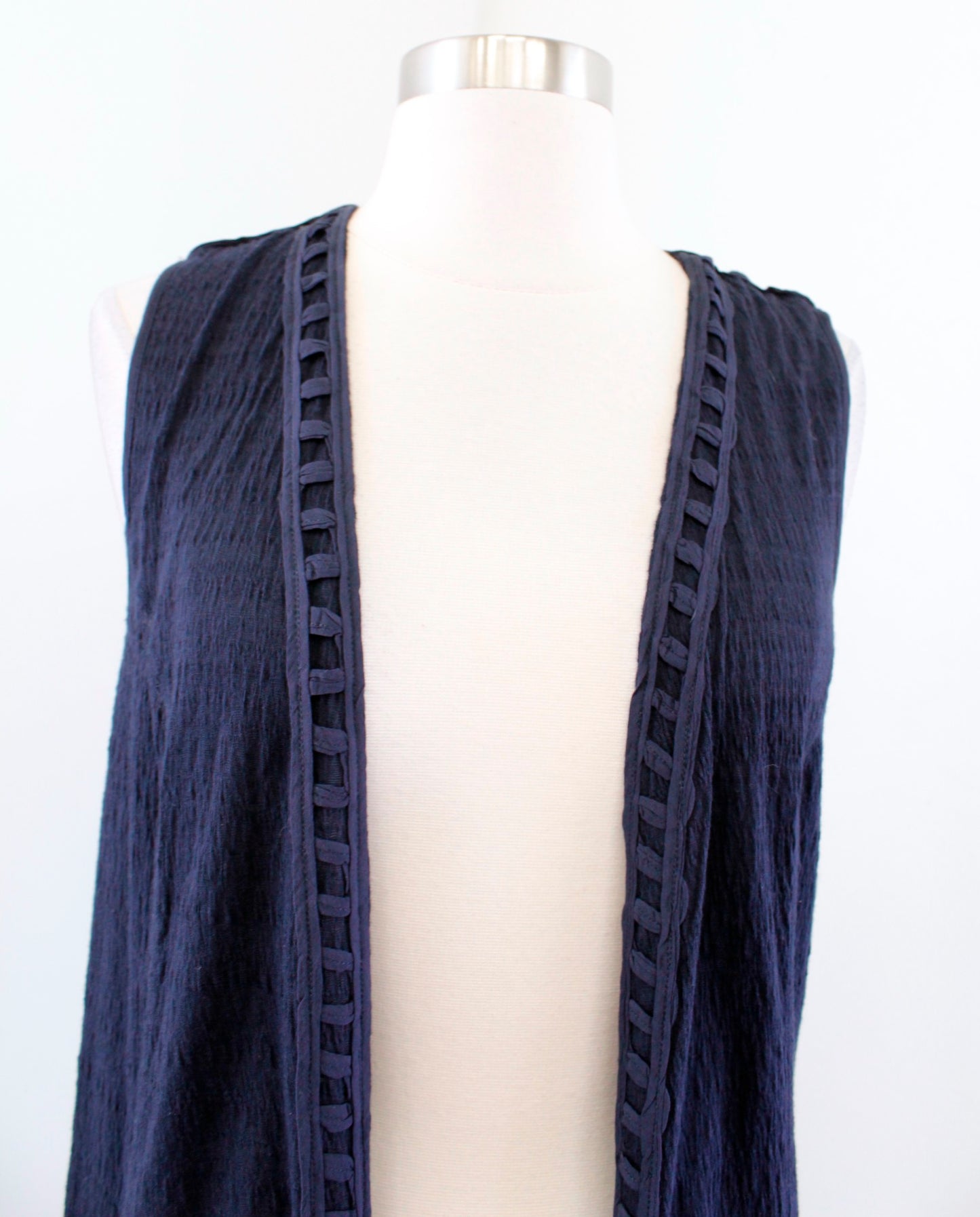 NWT Saturday Sunday Anthropologie Navy Blue Crochet Macrame Duster Vest Size XS