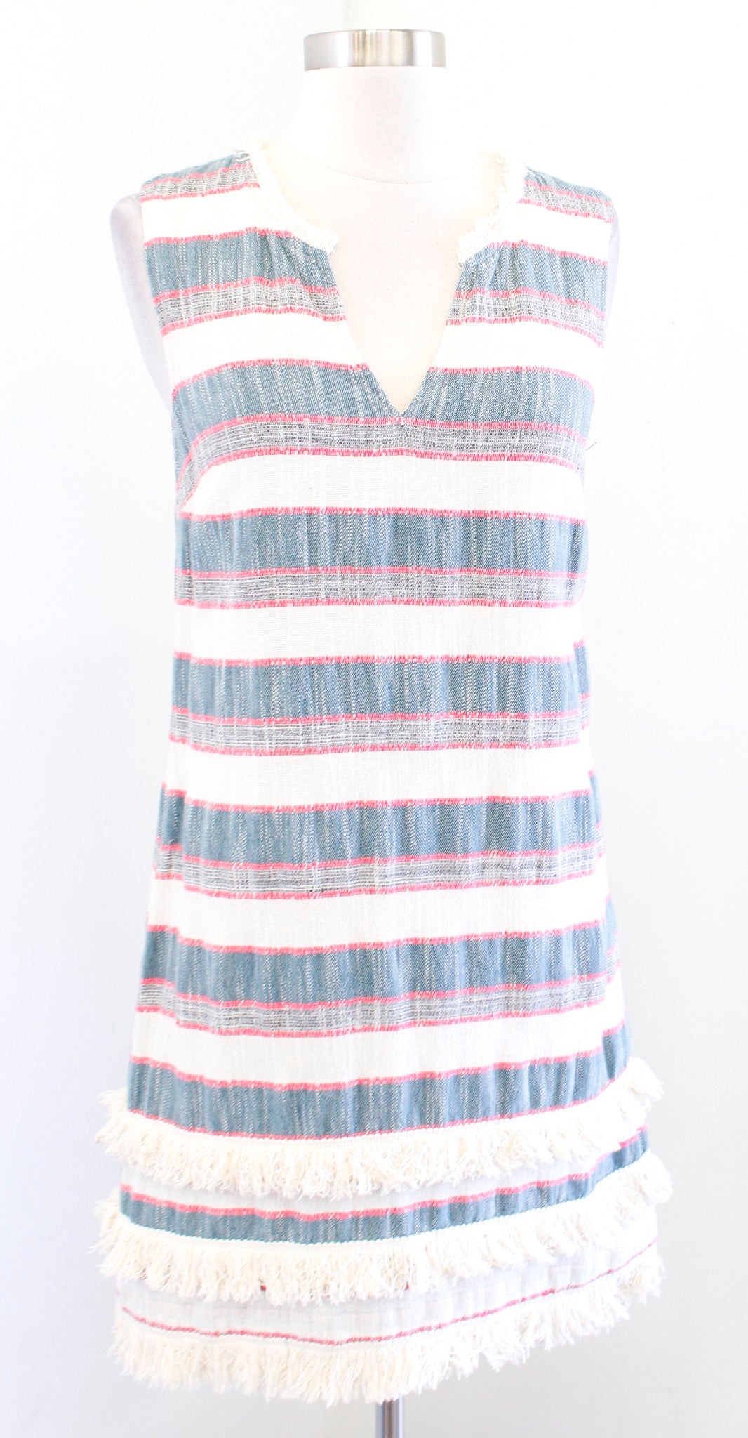 Holding Horses Anthropologie Striped Tweed Fringe Shift Dress Size 4 Red Blue
