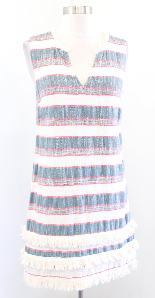 Holding Horses Anthropologie Striped Tweed Fringe Shift Dress Size 4 Red Blue