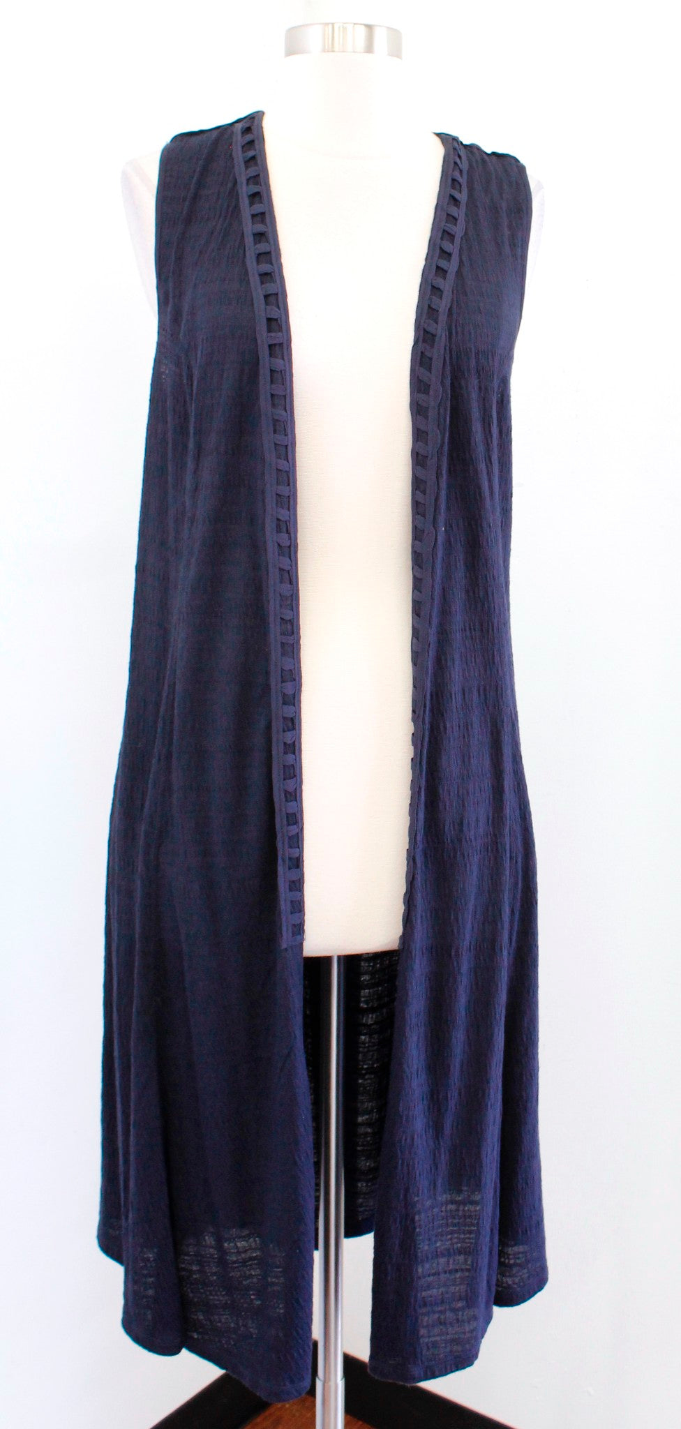 NWT Saturday Sunday Anthropologie Navy Blue Crochet Macrame Duster Vest Size XS