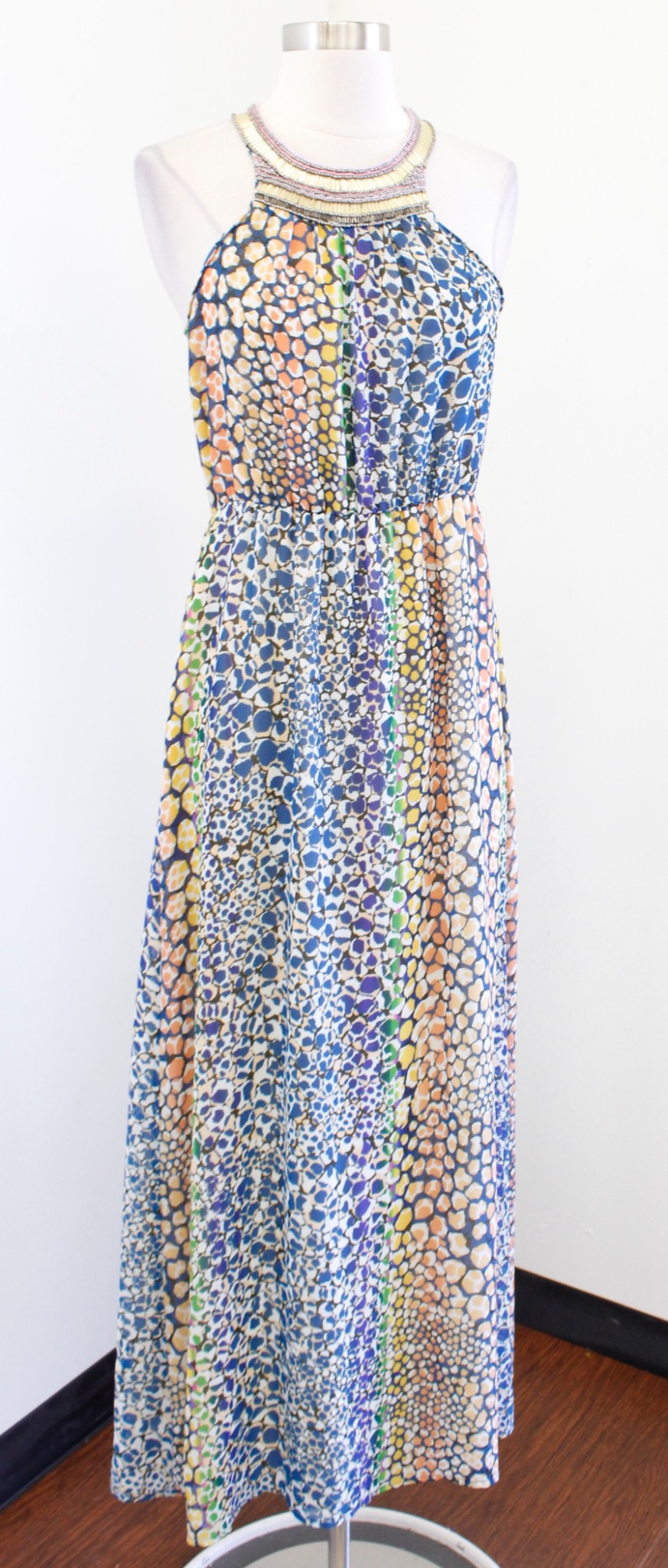 HD in Paris Anthropologie Mayacamas Beaded Halter Maxi Dress Size 0 Printed Boho