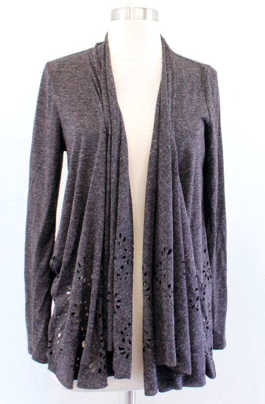 Meadow Rue Anthropologie Verna Eyelet Laser Cut Drape Cardigan Sweater Gray Sz S