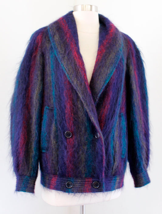 Vtg 80s Oscar de La Renta Fuzzy Striped Double Breasted Jacket Size 4 Retro Navy