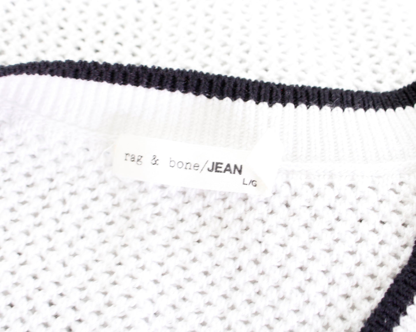 Rag and Bone Jean White Black Sheer Open Knit V Neck Pullover Sweater Size L