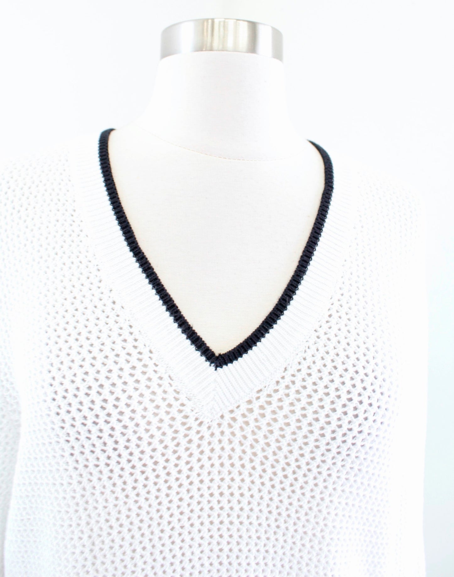 Rag and Bone Jean White Black Sheer Open Knit V Neck Pullover Sweater Size L