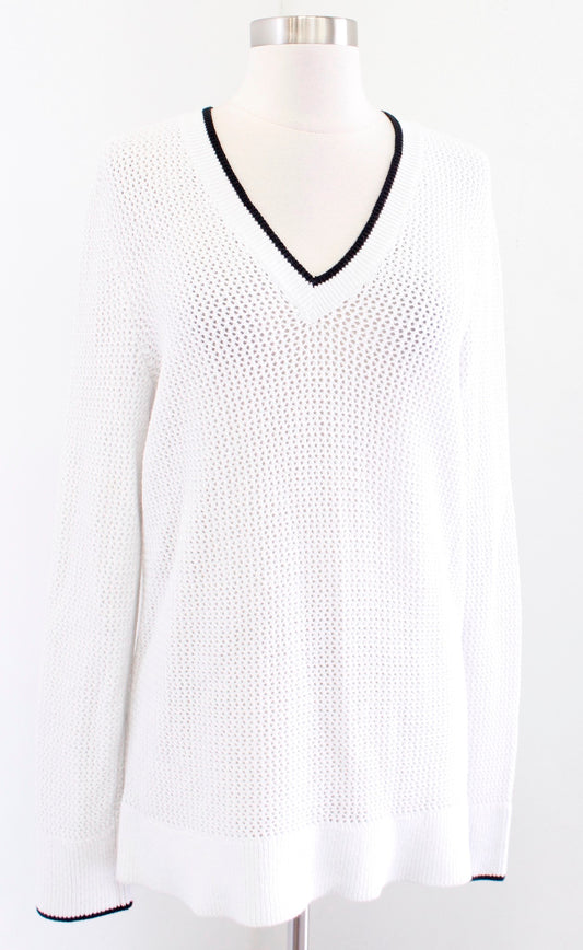 Rag and Bone Jean White Black Sheer Open Knit V Neck Pullover Sweater Size L