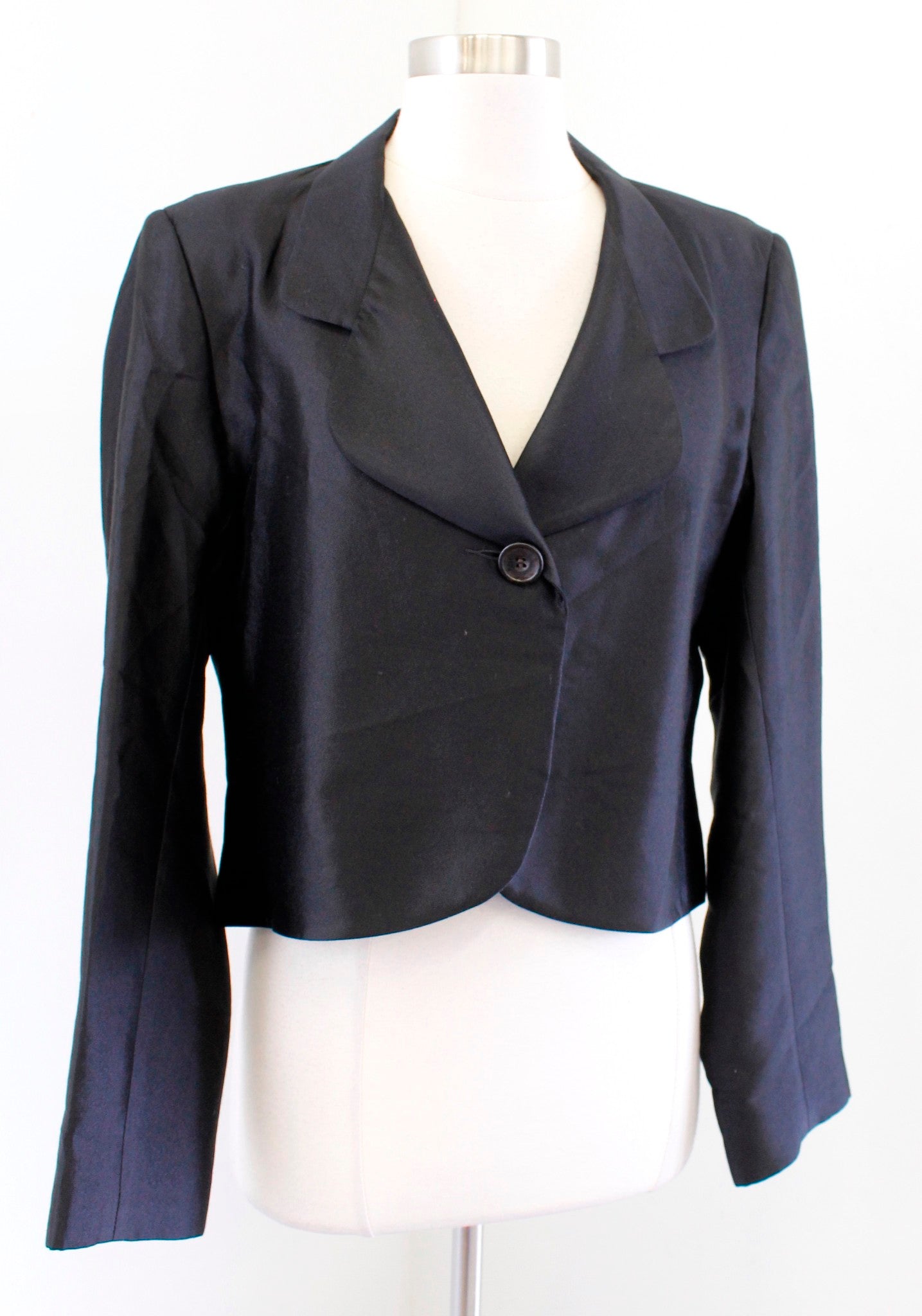 Peter Cohen Womens Black Single Button Cropped Blazer Jacket Size M Silk