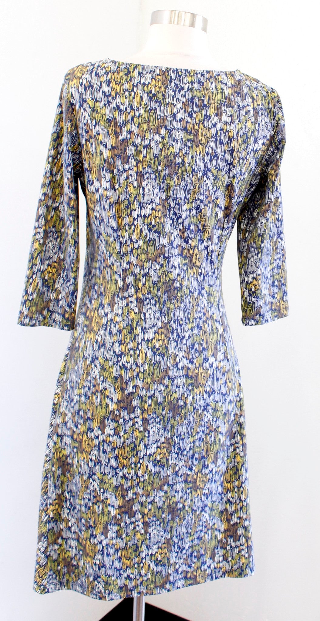 J McLaughlin Navy Blue Yellow Abstract Print Ruched Catalina Cloth Dress SIze S