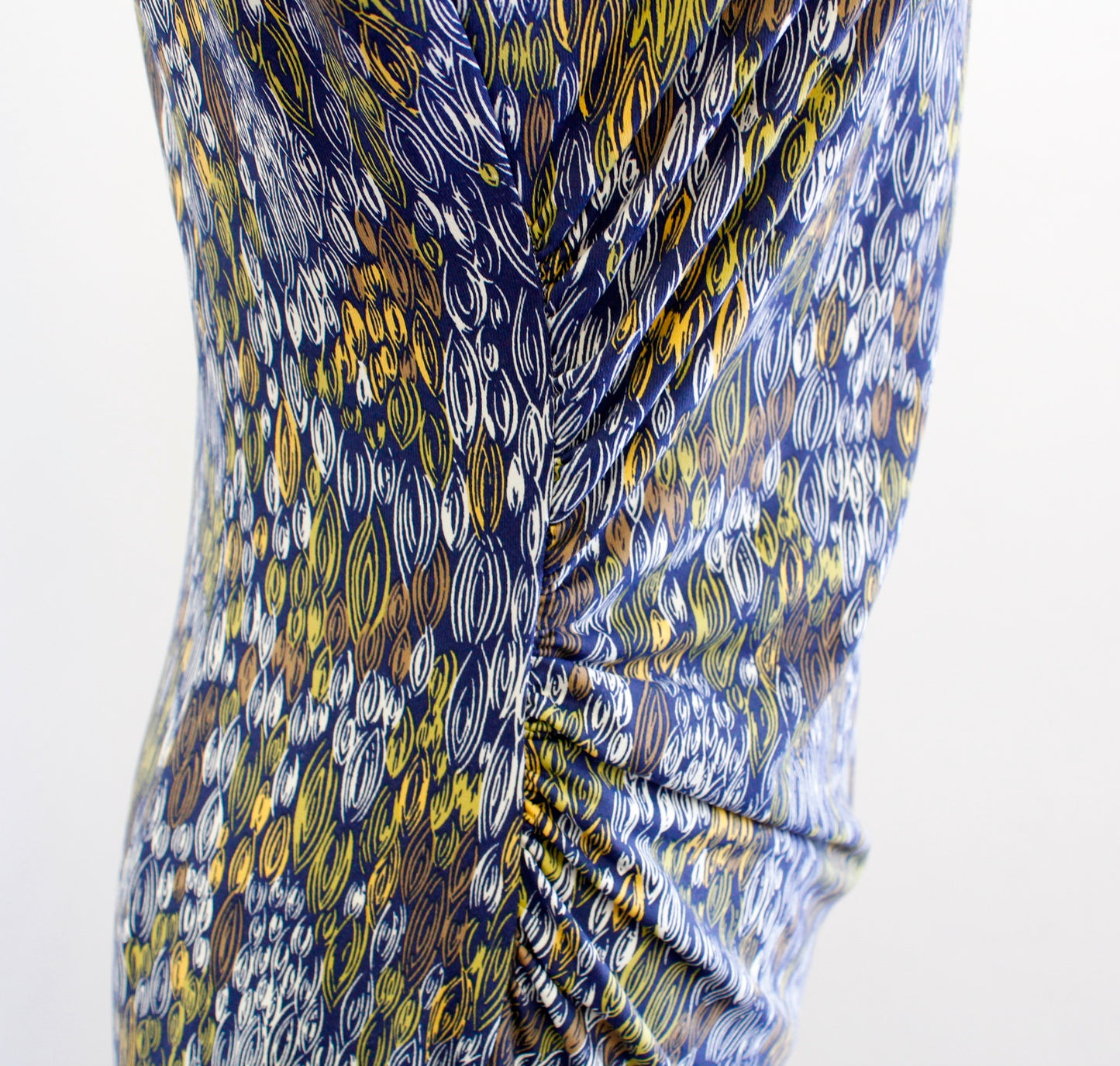 J McLaughlin Navy Blue Yellow Abstract Print Ruched Catalina Cloth Dress SIze S