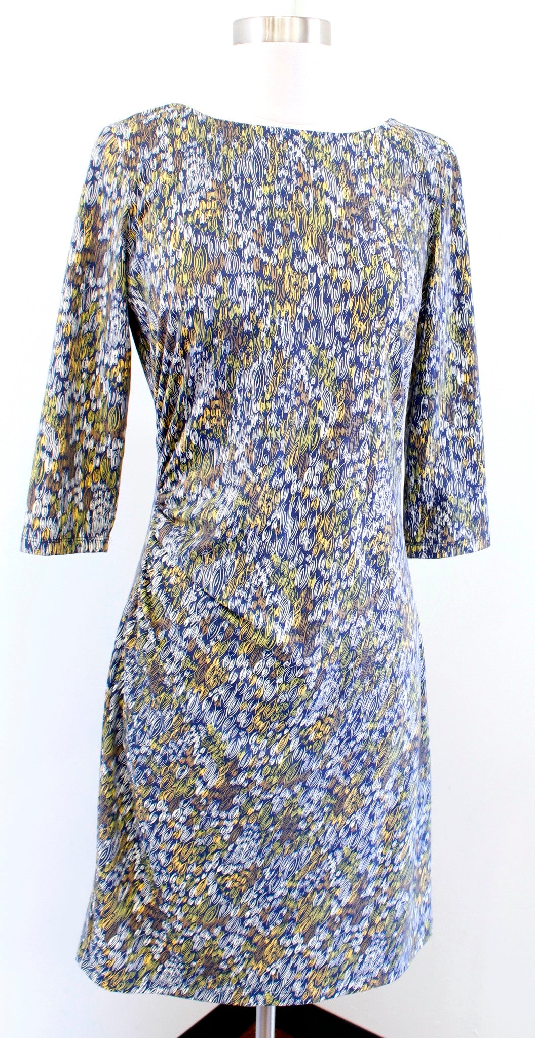 J McLaughlin Navy Blue Yellow Abstract Print Ruched Catalina Cloth Dress SIze S