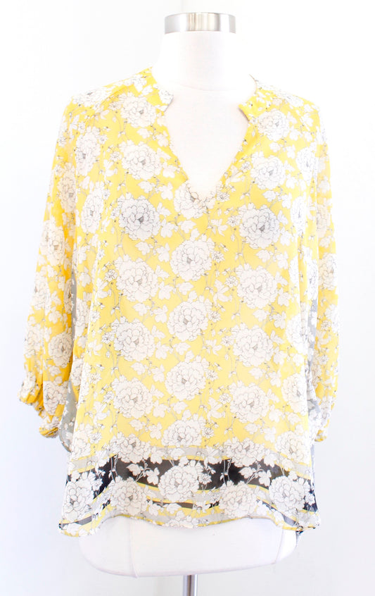 CAbi Amelia Yellow Floral Print Gathered Top Blouse Size XS Style 5173