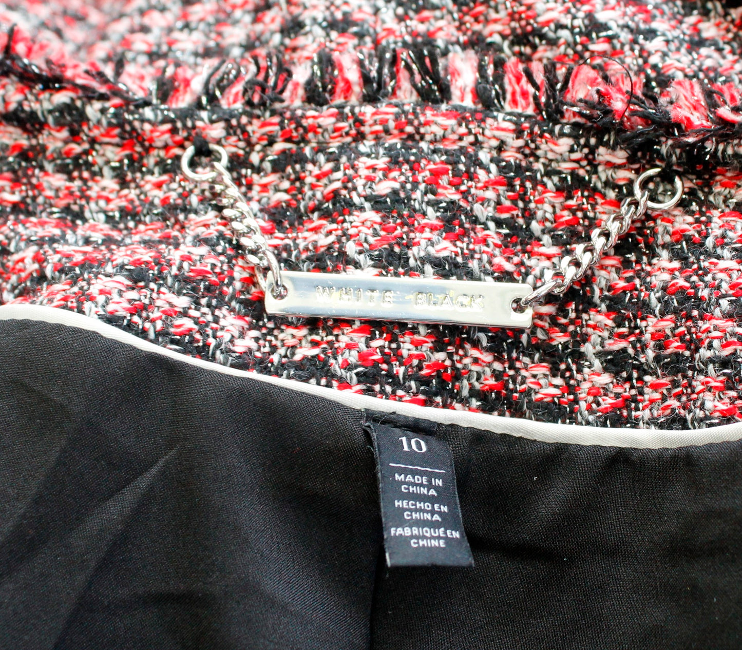 White House Black Market Red Tweed Fringe Asymmetric Zip Moto Jacket Blazer 10