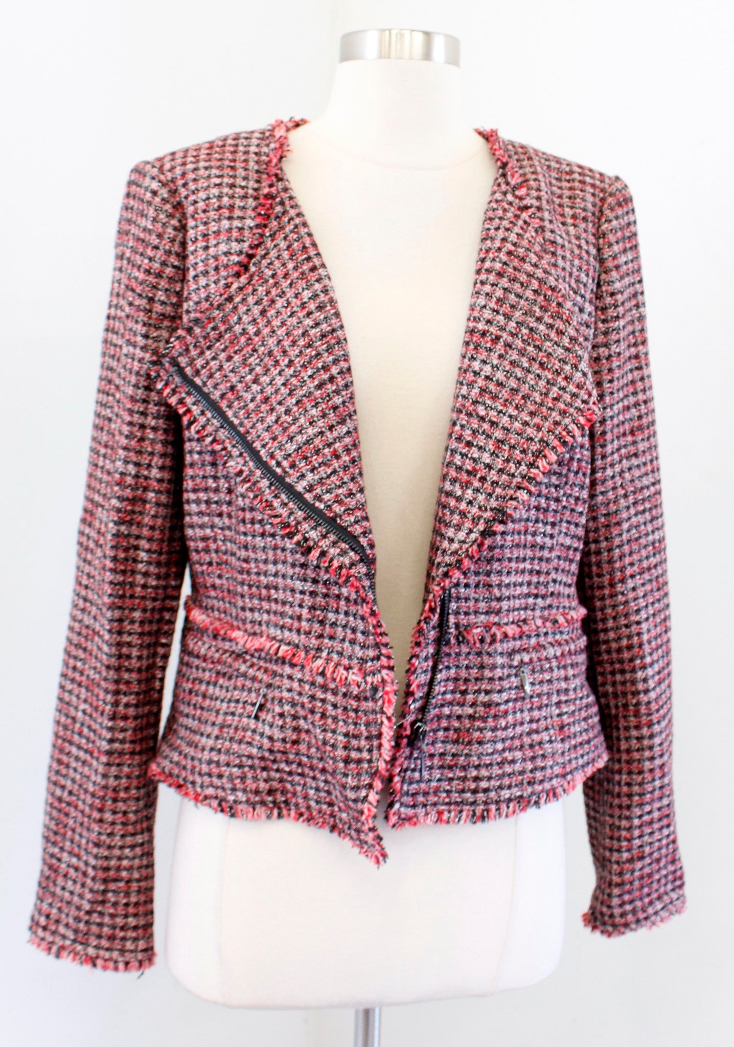 White House Black Market Red Tweed Fringe Asymmetric Zip Moto Jacket Blazer 10