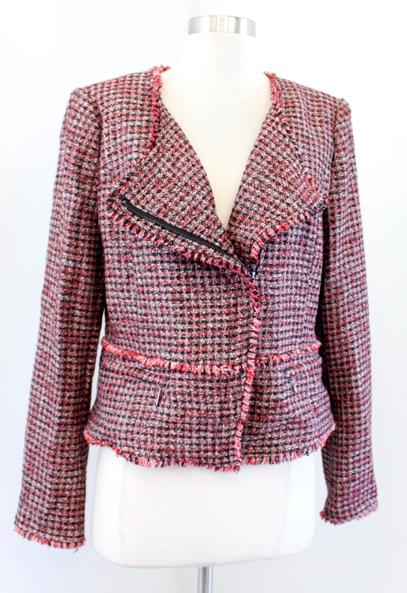 White House Black Market Red Tweed Fringe Asymmetric Zip Moto Jacket Blazer 10