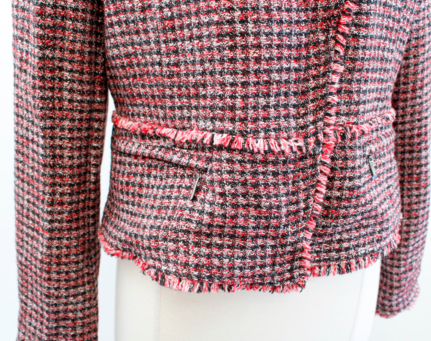 White House Black Market Red Tweed Fringe Asymmetric Zip Moto Jacket Blazer 10
