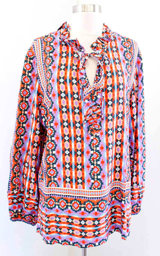 Tyler Boe Festival Print Tie Neck Tunic Top Blouse Size L Geometric Ruffle Long Sleeve