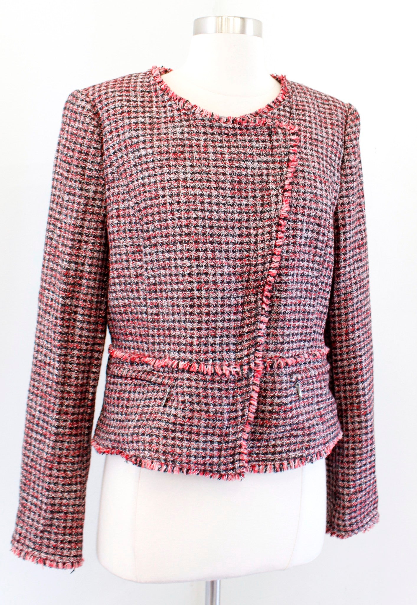 White House Black Market Red Tweed Fringe Asymmetric Zip Moto Jacket Blazer 10
