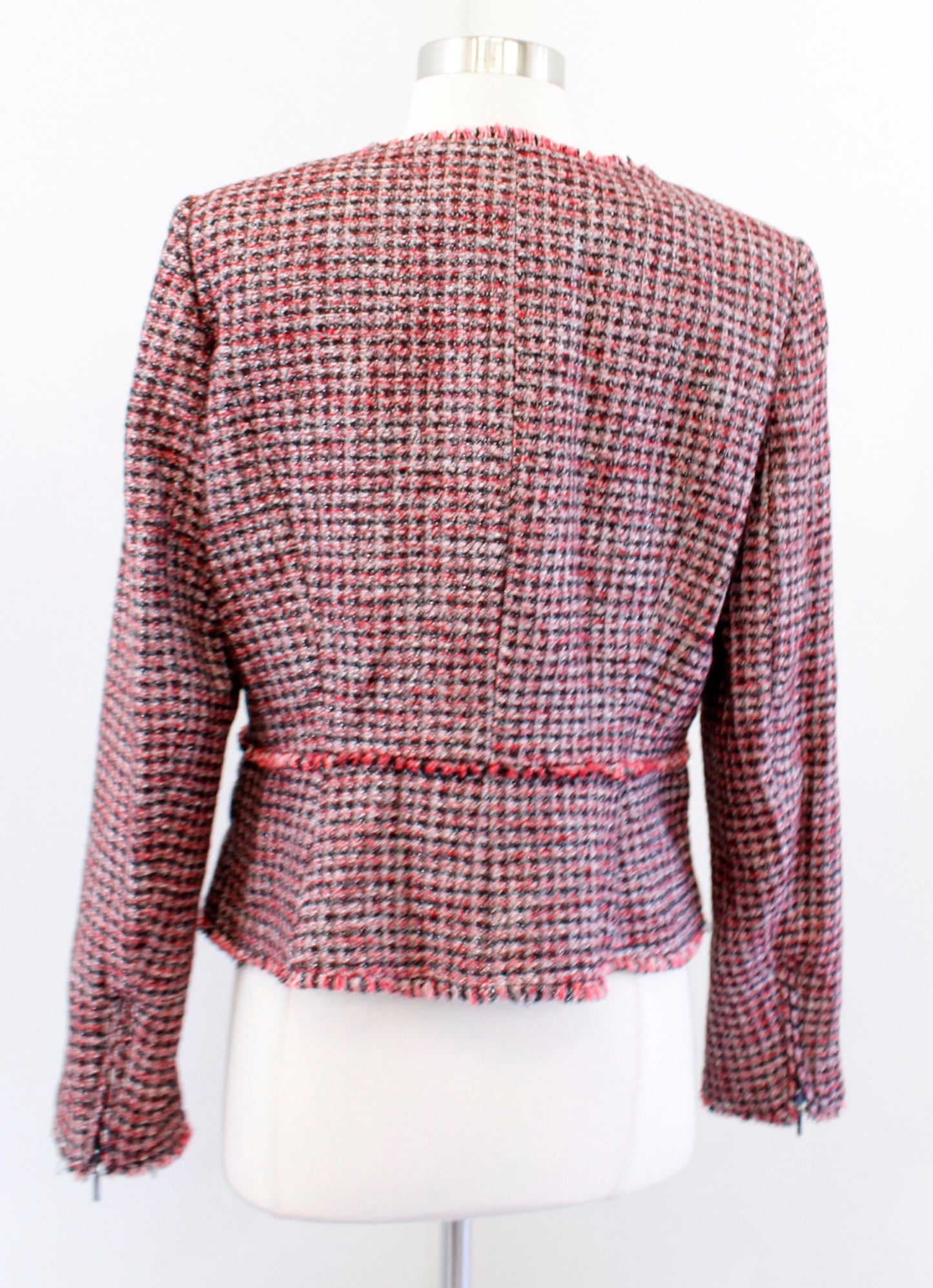 White House Black Market Red Tweed Fringe Asymmetric Zip Moto Jacket Blazer 10