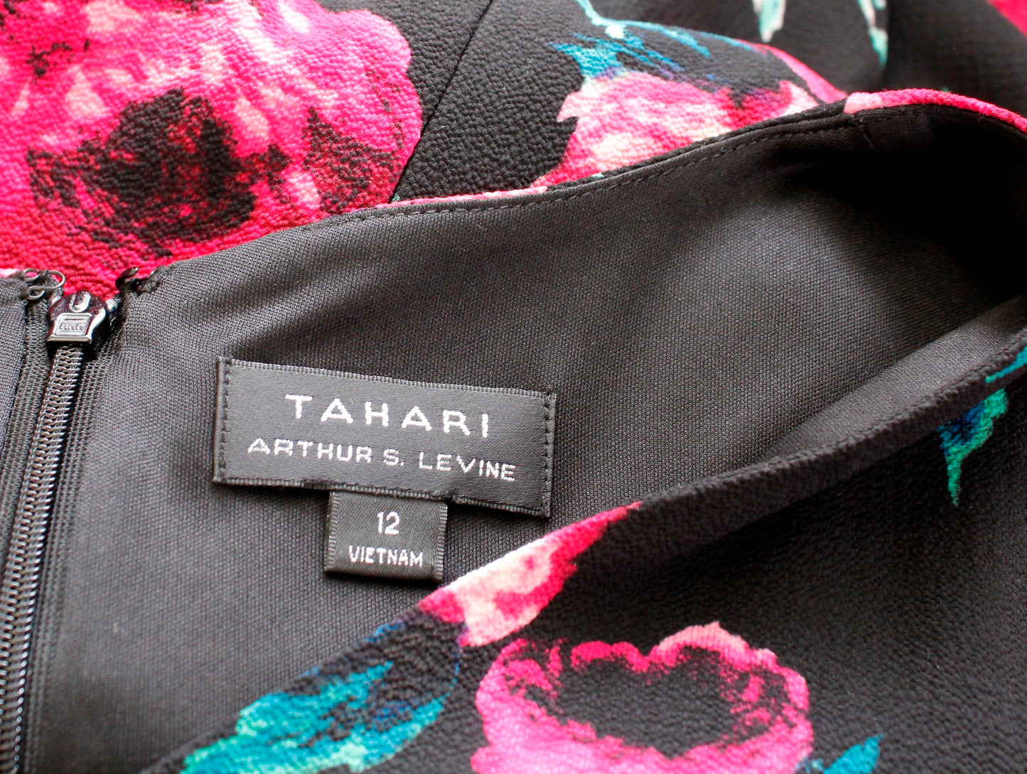 Tahari ASL Levine Black Pink Floral Print Crepe Ruffle Sleeve Shift Dress Sz 12