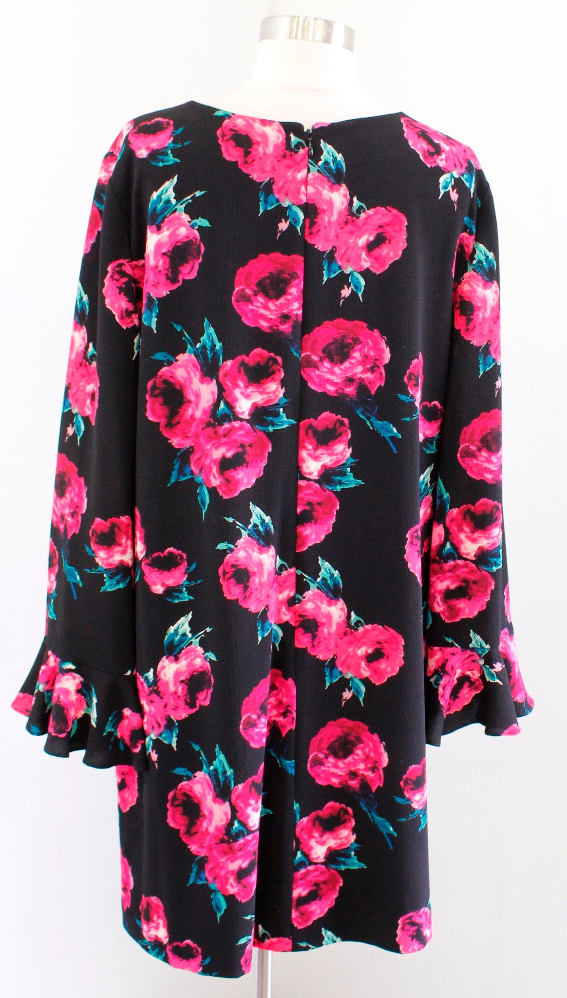 Tahari ASL Levine Black Pink Floral Print Crepe Ruffle Sleeve Shift Dress Sz 12