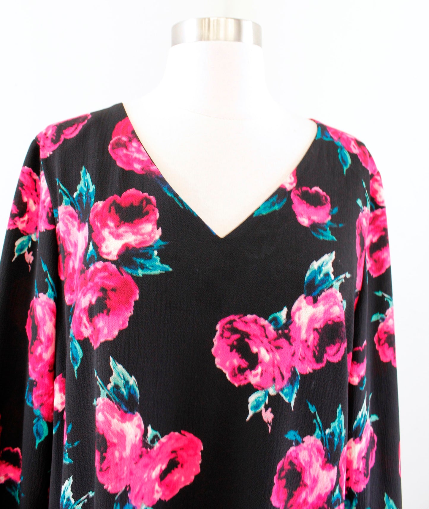 Tahari ASL Levine Black Pink Floral Print Crepe Ruffle Sleeve Shift Dress Sz 12