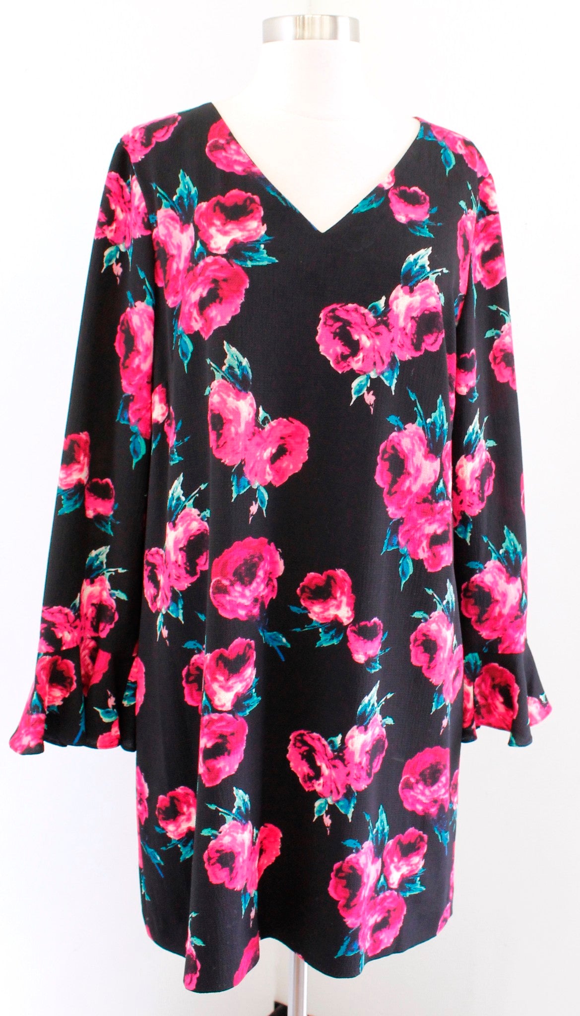 Tahari ASL Levine Black Pink Floral Print Crepe Ruffle Sleeve Shift Dress Sz 12