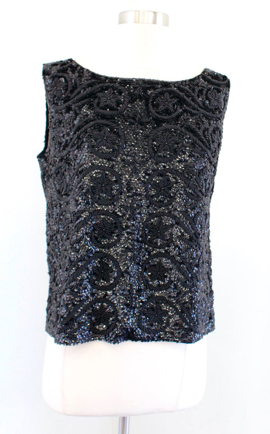 Vtg Regalia Imports Black Swirl Floral Sequin Beaded Evening Top Blouse Size L