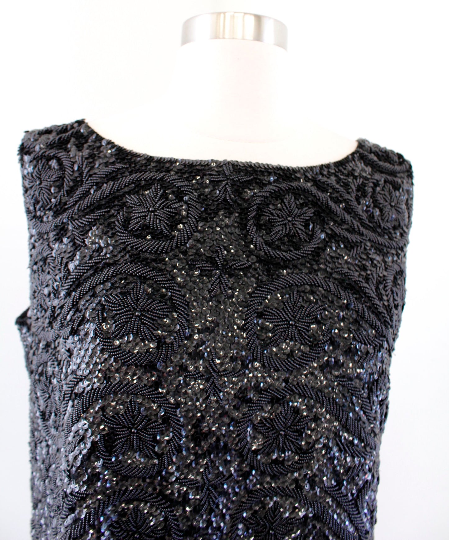 Vtg Regalia Imports Black Swirl Floral Sequin Beaded Evening Top Blouse Size L