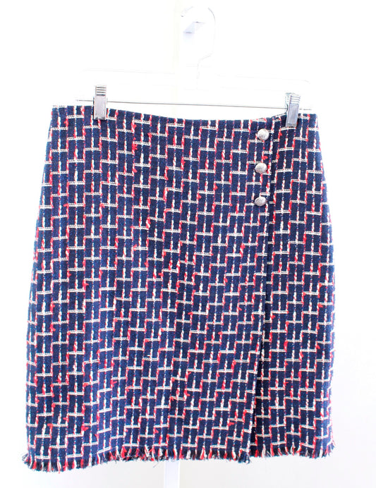 Talbots Navy Blue Red White Boucle Tweed Fringe Faux Wrap Pencil Skirt Size 8P