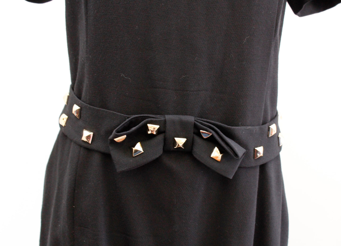 Love Moschino Black Gold Studded Bow Belt Short Sleeve Dress Wool Size US 8