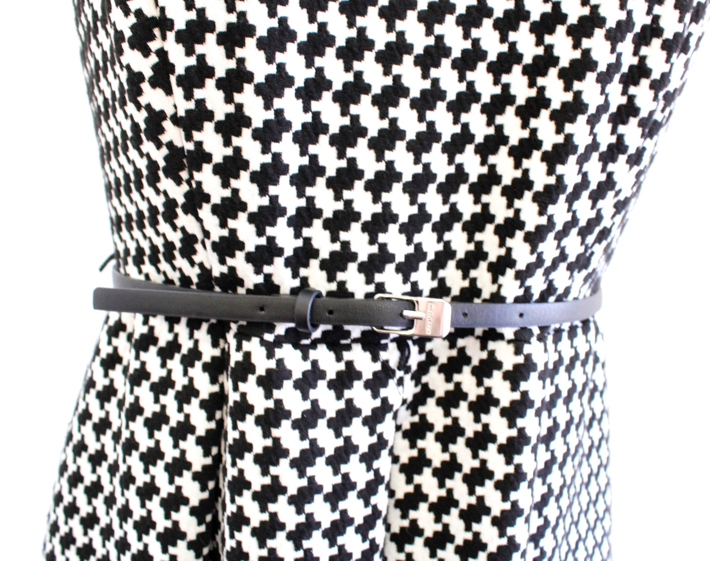 Calvin Klein Black White Houndstooth Print Knit Fit and Flare Belted Dress Sz 4