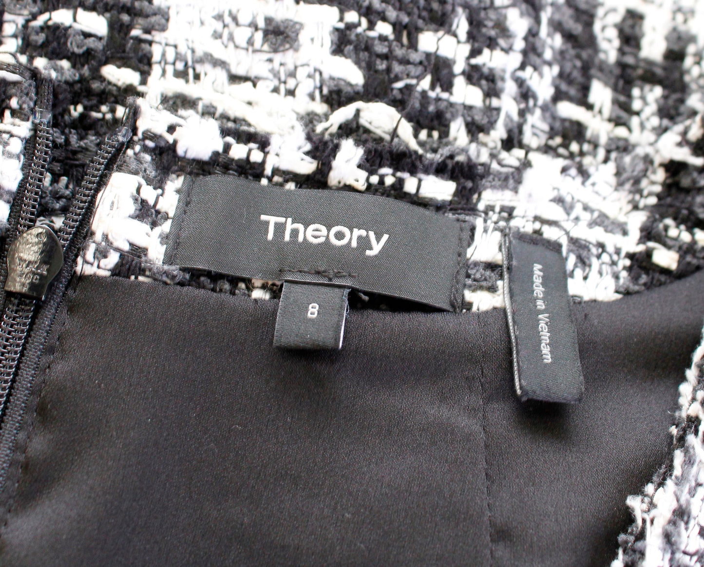 Theory Womens Sculpt U Black White Rubber Tweed Sheath Dress Size 8 Fringe