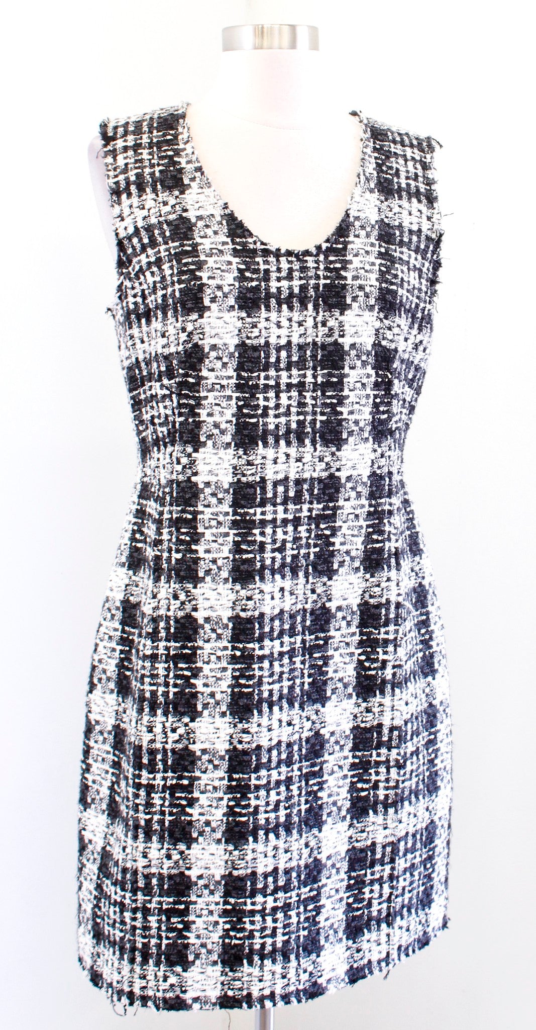 Theory Womens Sculpt U Black White Rubber Tweed Sheath Dress Size 8 Fringe