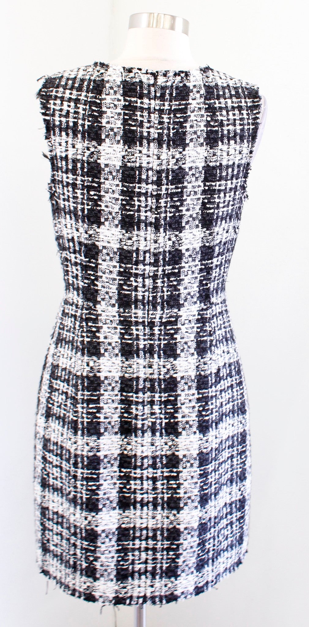 Theory Womens Sculpt U Black White Rubber Tweed Sheath Dress Size 8 Fringe