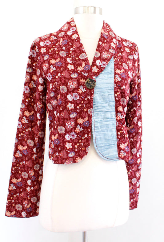 Free People Burgundy Floral Print Corduroy Cropped Jacket Size 4 Cottagecore