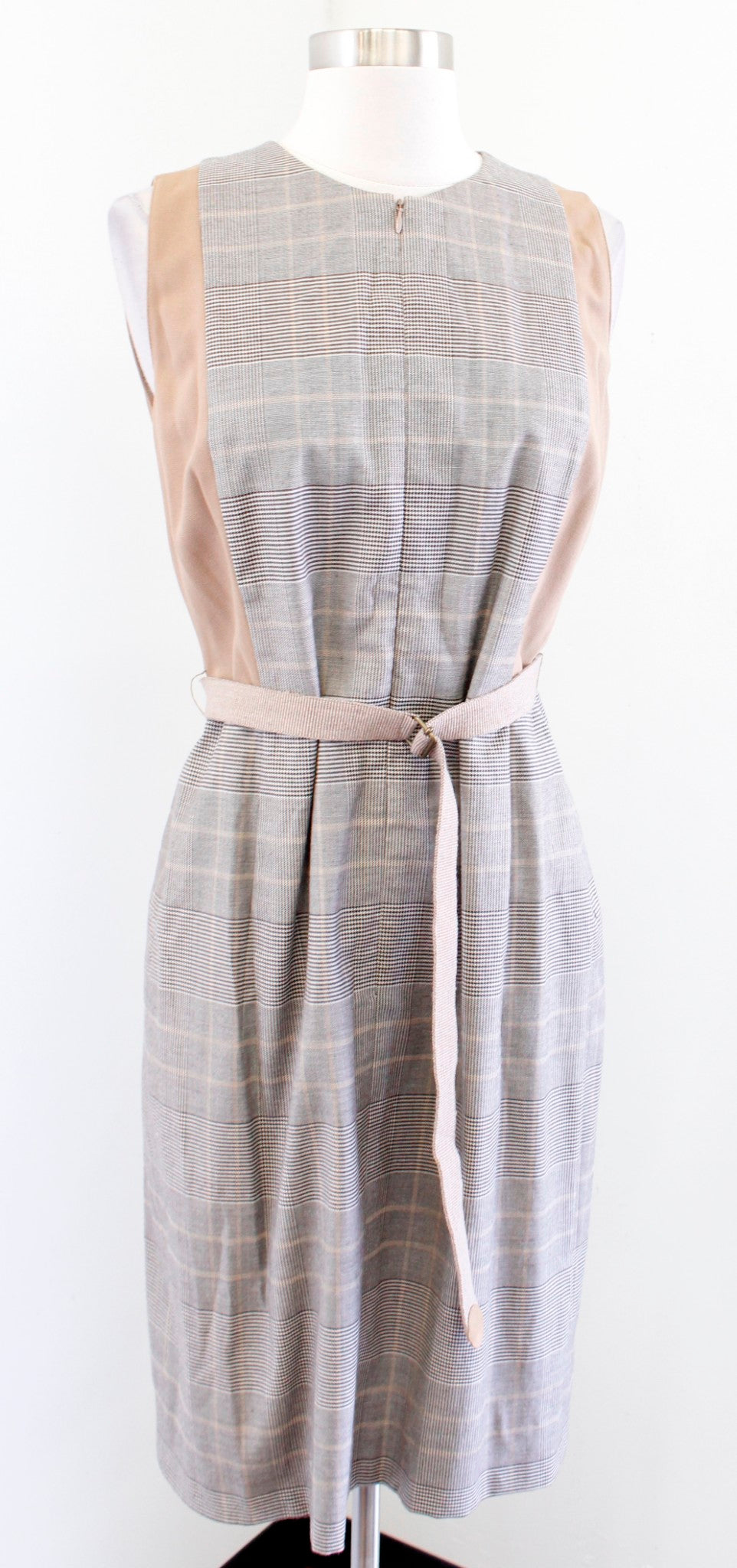 Akris Punto Gray Camel Tan Plaid Contrast Belted Zip Front Sheath Dress Size 8