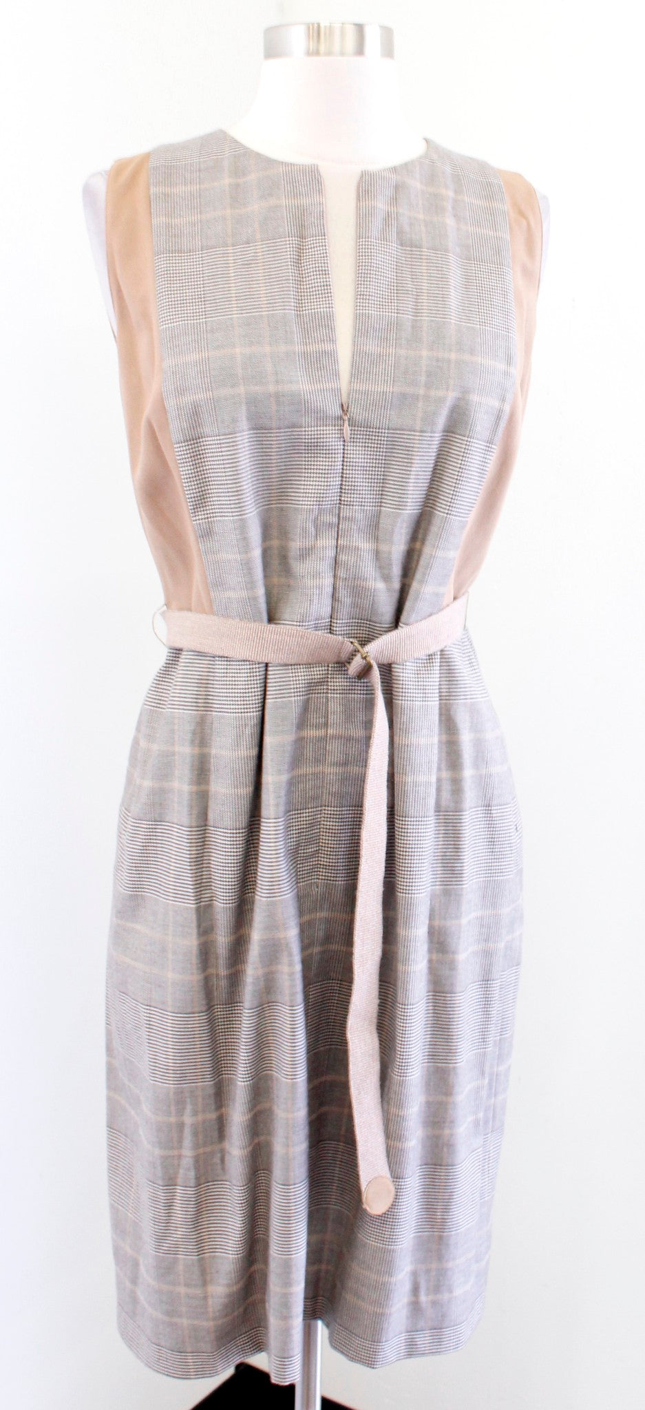 Akris Punto Gray Camel Tan Plaid Contrast Belted Zip Front Sheath Dress Size 8