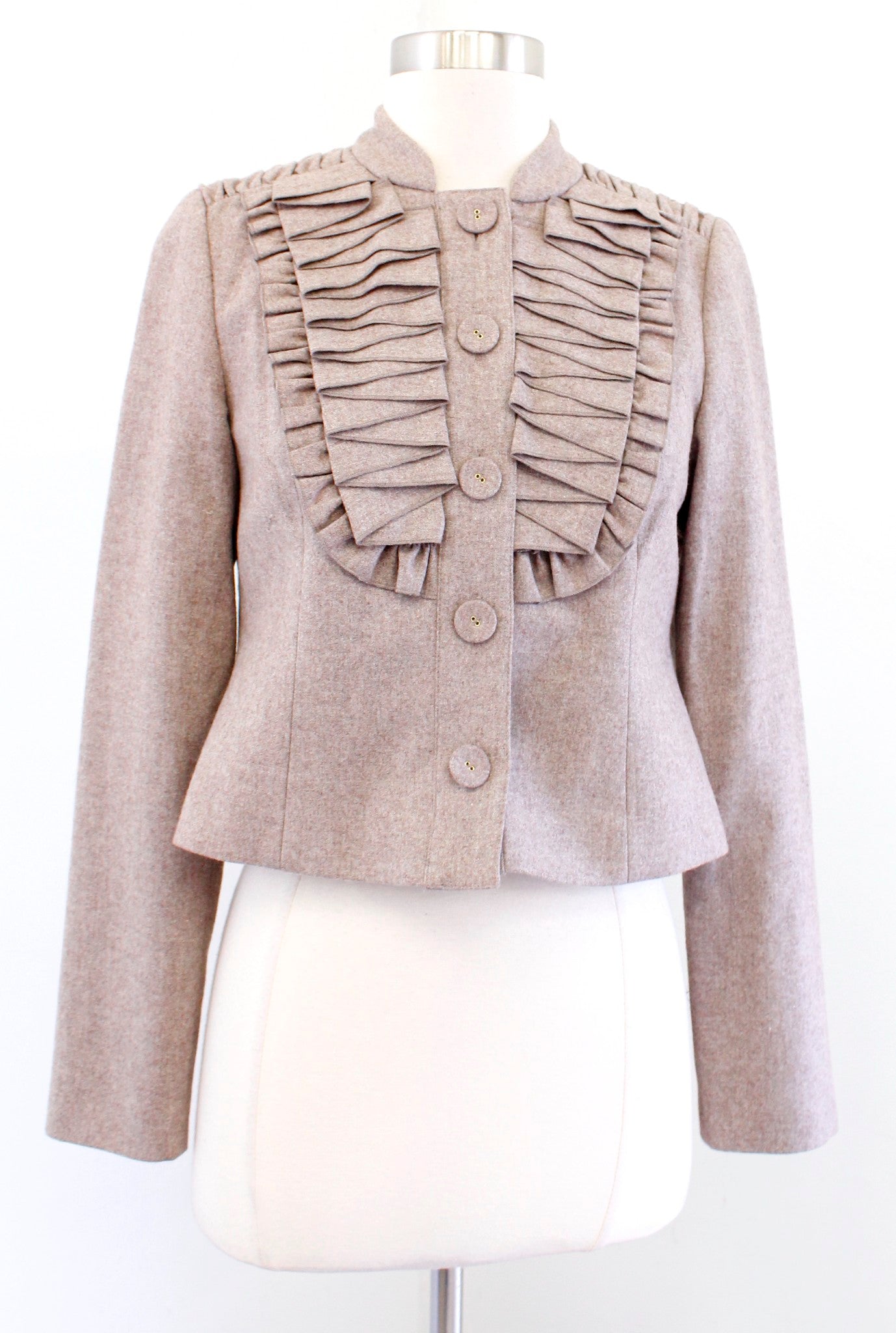 Tabitha Anthropologie As You Please Ruffle Pleated Cropped Wool Jacket Sz 0 Tan