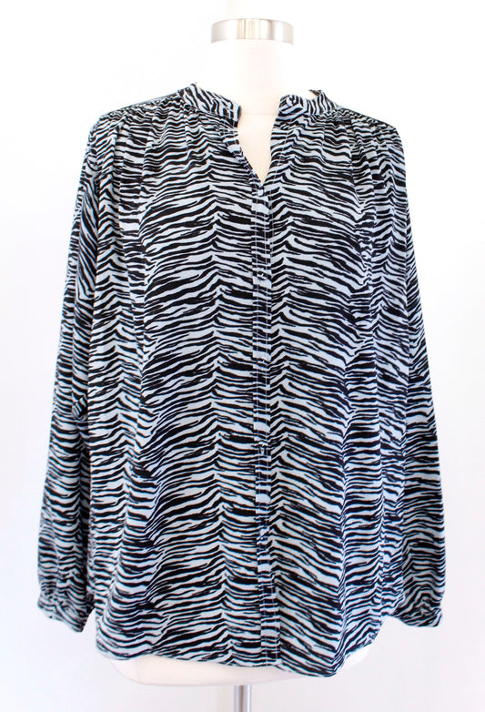 Rebecca Taylor La Vie Mini Tiger Blue Black Animal Print Top Blouse Size L Long Sleeve