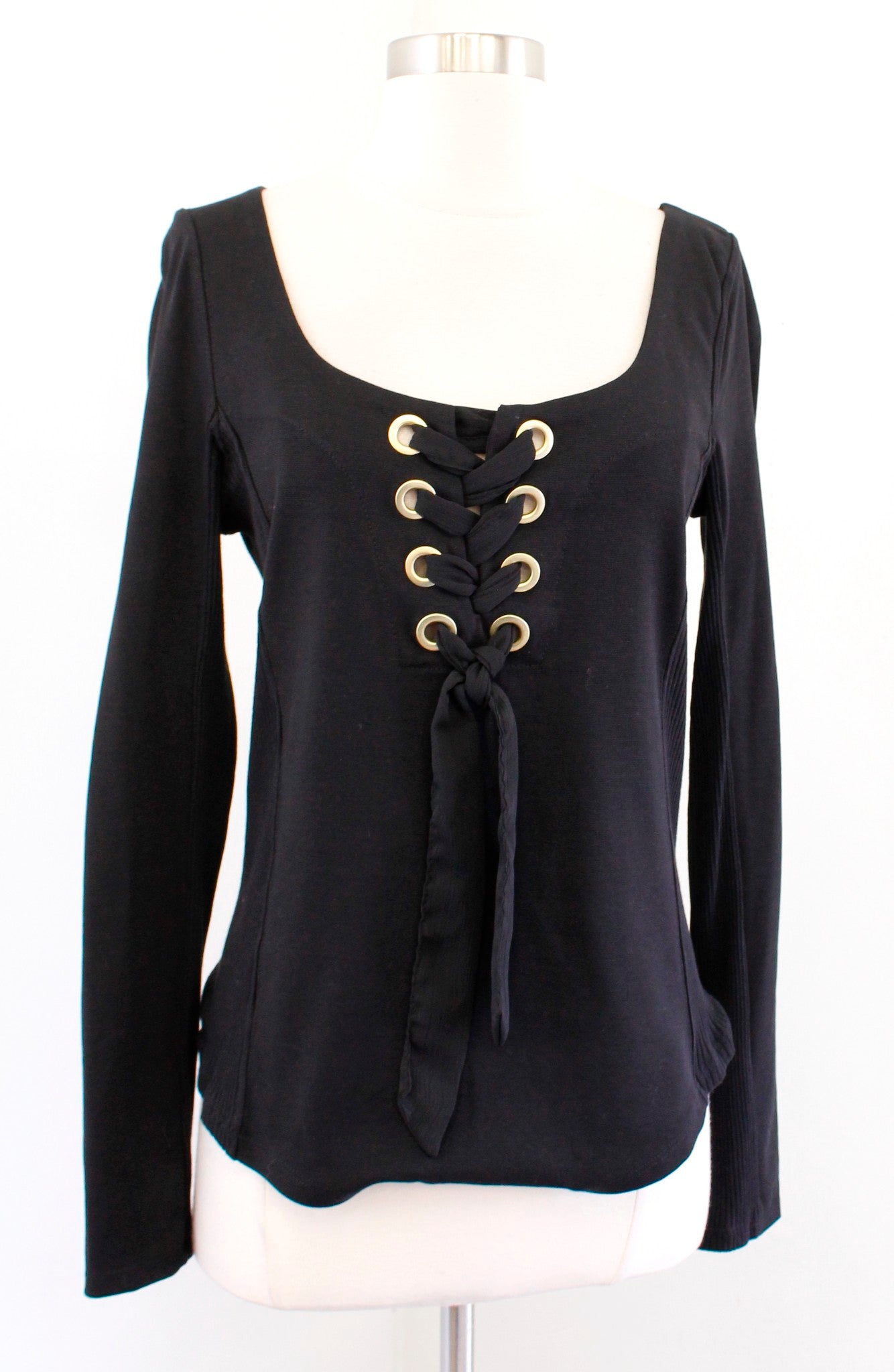 NWT Free People Looking Back Black Knit Lace Up Tie Blouse Top Size M Grommet Long Sleeve
