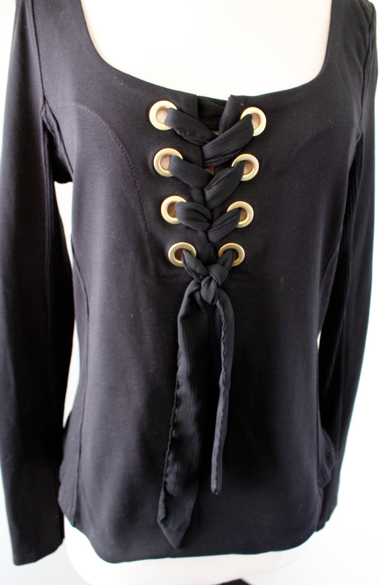 NWT Free People Looking Back Black Knit Lace Up Tie Blouse Top Size M Grommet Long Sleeve