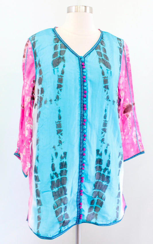 NWT Soft Surroundings Curacao Blue Pink Silk Tie Dye Tunic Top Blouse Size L