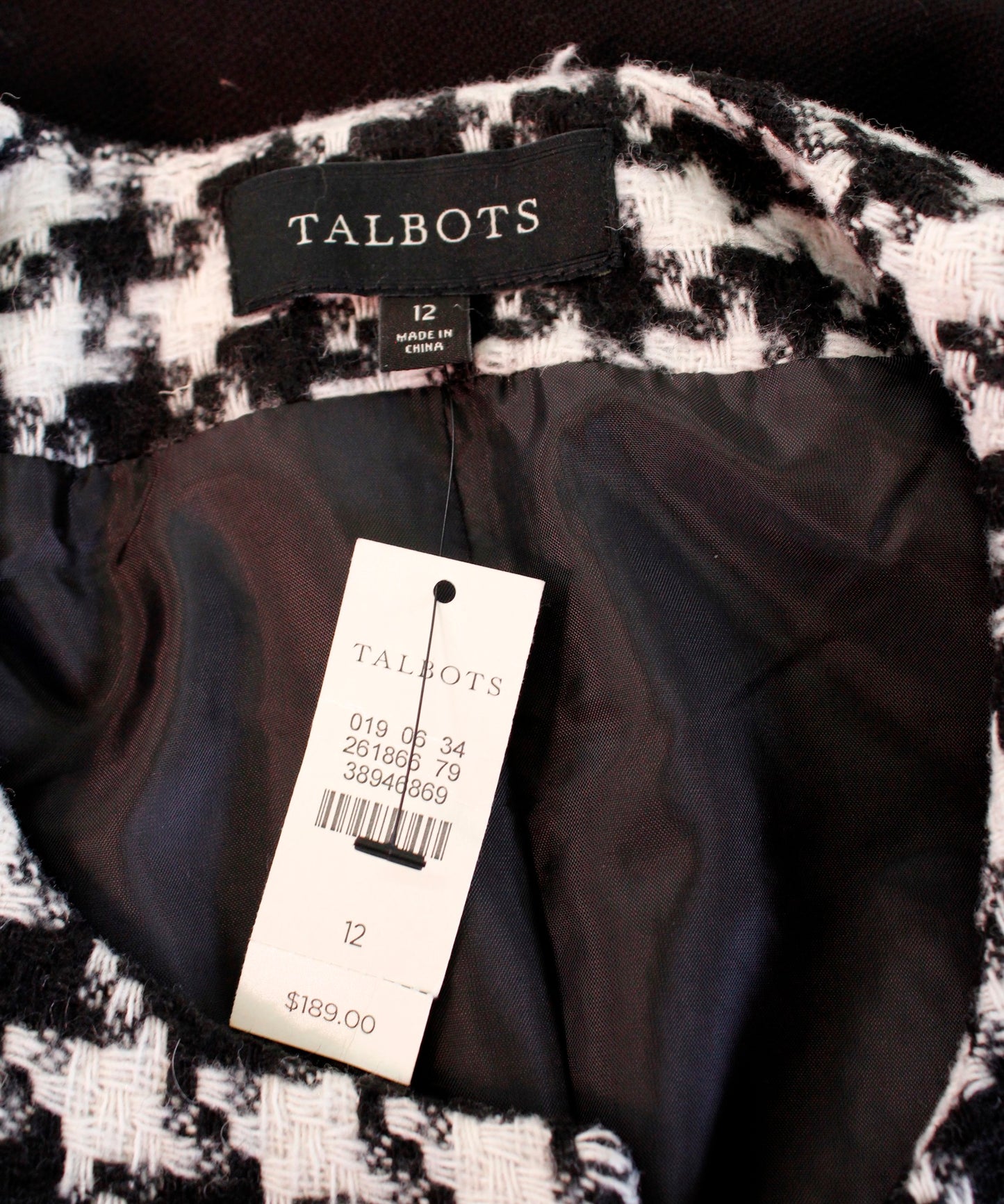 NWT $189 Talbots Black White Color Block Houndstooth Tweed Blazer Jacket Size 12