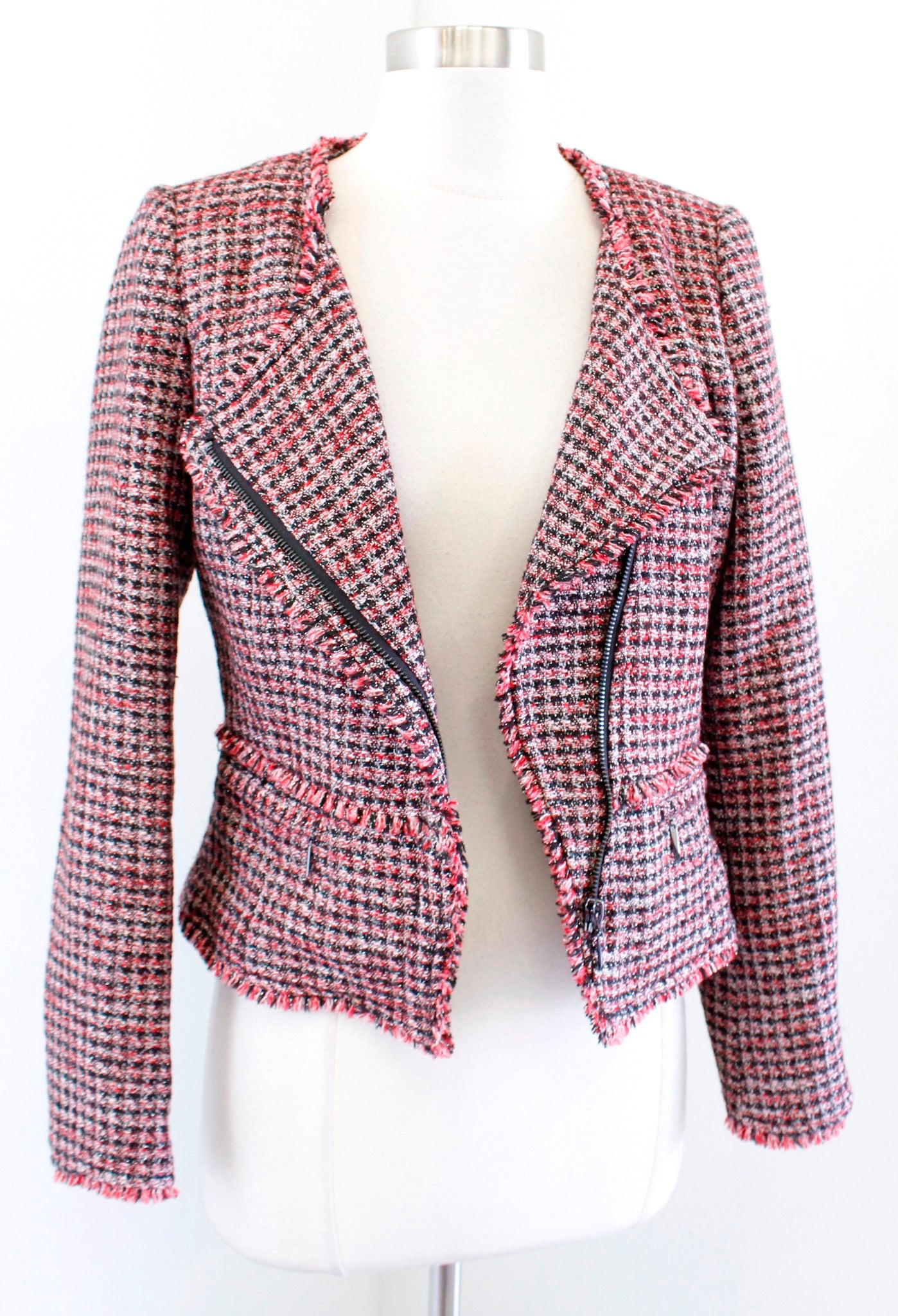 NWT $160 White House Black Market Red Metallic Tweed Moto Blazer Jacket Size 0