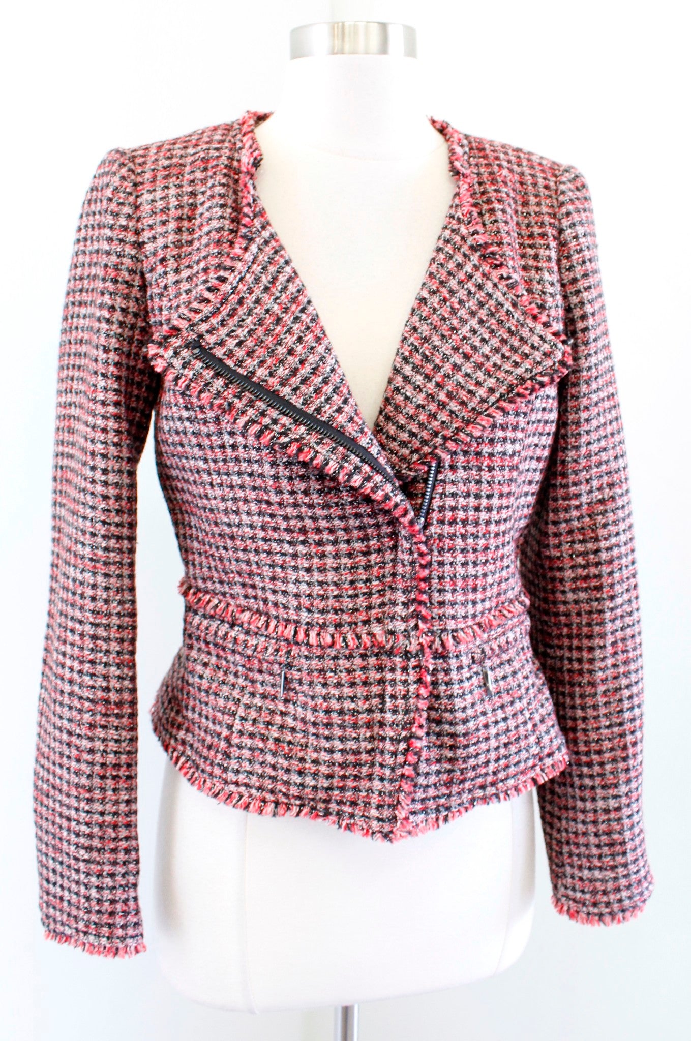 NWT $160 White House Black Market Red Metallic Tweed Moto Blazer Jacket Size 0